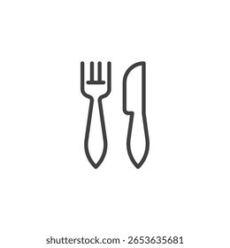 Fork and knife line icon crossed together. Clean outline vector icon. Dining symbol and utensil logo. This icon suits menus, restaurants, and food service.