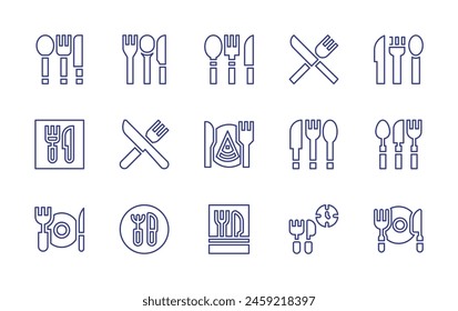 Fork and knife line icon set. Editable stroke. Vector illustration. Containing cutlery, food and restaurant, restaurant, food, silverware, dinner, time to eat, gastronomy.