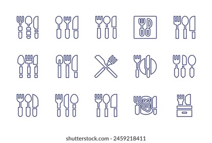 Fork and knife line icon set. Editable stroke. Vector illustration. Containing cutlery, fork, utensils, restaurant.