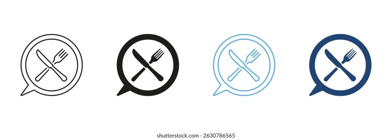 Fork And Knife Line and Silhouette Icon Set Inside Speech Bubble, Dining And Meal Discussions Concept. Conversations About Culinary And Nutrition Design. Isolated Vector Illustration.