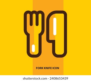 Fork and knife. linear icon. Lines with yellow background