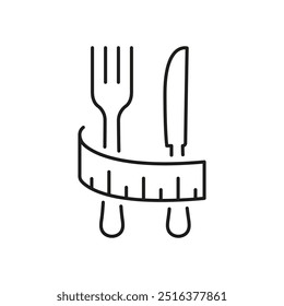 Fork And Knife With Measuring Tape Line Icon, Diet And Weight Loss Concept. Fitness And Healthy Eating. Wellness And Nutrition. Isolated Vector Illustration.