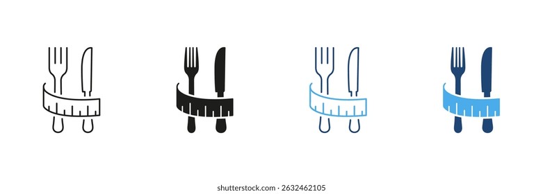 Fork And Knife With Measuring Tape Line and Silhouette Icon Set. Diet And Weight Loss Concept. Fitness And Healthy Eating. Wellness And Nutrition. Isolated Vector Illustration.