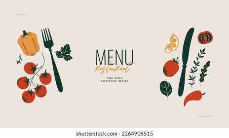 Fork and knife minimalist food design template. Vegetables and herbs. Vector illustration