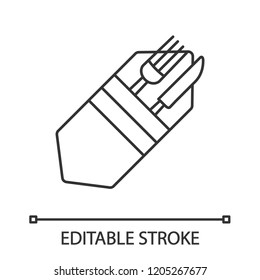 Fork And Knife In Napkin Linear Icon. Cutlery. Thin Line Illustration. Table Setting. Etiquette. Business Lunch Rule. Restaurant, Cafe. Contour Symbol. Vector Isolated Outline Drawing. Editable Stroke