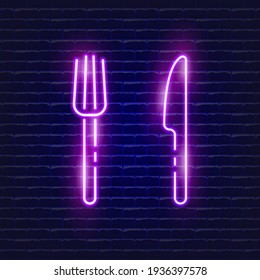 Fork and knife neon icon. Glowing Vector illustration icon for mobile, web and menu design. Serving concept
