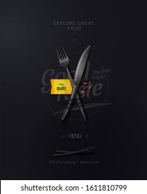 Fork and knife on a black background. Fashionable modern poster for the restaurant. Vector illustration of a top view.