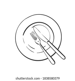 Fork and knife on empty plate, Vector linear sketch top view cutlery isolated, Kitchen dining utensils, Hand drawn black line on white background
