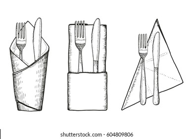 Fork And Knife On Napkin Vector Sketch Set