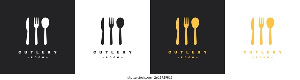 Fork and knife on a plate. Cutlery logos set. 