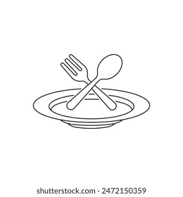 Fork and knife on a plate. Eat icon line style isolated on white background. Vector illustration