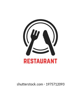 fork and knife on plate like restaurant logo. concept of equipment for lunch and brunch or catering service. abstract flat logotype graphic simple design web badge element isolated on white background