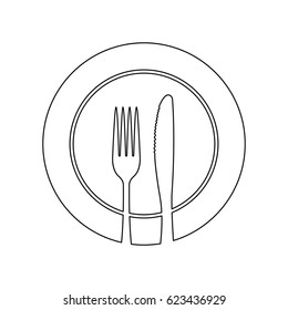 Fork and knife on a plate linear vector icon