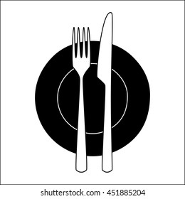 Fork and knife on a plate. Minimalistic icon. Symbol of cutlery. Vector illustration