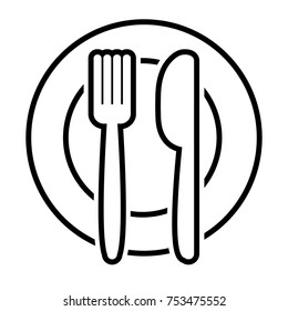 Fork and knife on plate, outline design. Vector illustration