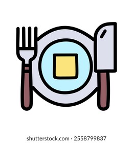 Fork and knife on plate vector, Barbecue related filled design editable stroke icon