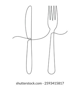 Fork and knife in one continuous line. One line drawing, minimalism. Vector illustration.