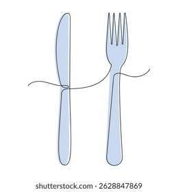 Fork and knife in one continuous line in color. One line drawing, minimalism. Vector illustration.