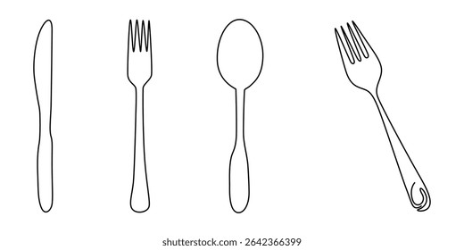 Fork and knife in one continuous line in color. One line drawing, minimalism. Vector illustration, Spoon, fork and knife in continuous line drawing style. Line art silhouette of cutlery vector