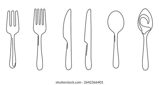 Fork and knife in one continuous line in color. One line drawing, minimalism. Vector illustration, Spoon, fork and knife in continuous line drawing style. Line art silhouette of cutlery vector