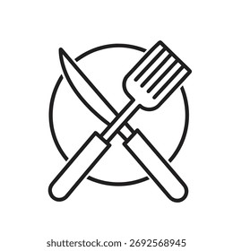 Icono de contorno de tenedor y cuchillo sobre fondo blanco
