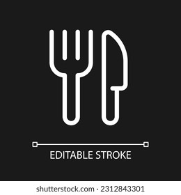 Fork and knife pixel perfect white linear ui icon for dark theme. Restaurant. Serve up table. Vector line pictogram. Isolated user interface symbol for night mode. Editable stroke. Arial font used