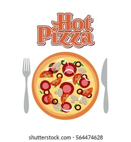 fork and knife with a pizza over white background. fast food concept. colorful design. vector illustration