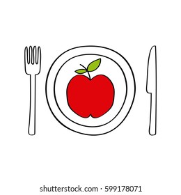 fork, knife and plate with apple over white background. colorful design. vector illustration