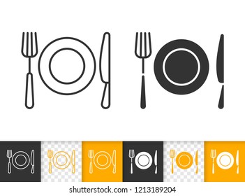 Fork, knife, plate black linear and silhouette icons. Thin line sign of serving. Restaurant service outline pictogram isolated on white, transparent. Vector Icon shape. Cutlery simple symbol closeup