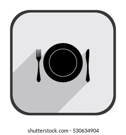Fork knife and plate - black vector icon with  long shadow
