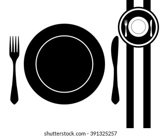 fork knife and plate - black and white vector icon fork knife and plate - black and white vector icon