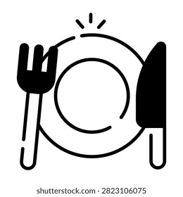 Fork with knife and plate, concept of tableware icon.