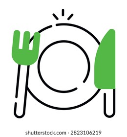 Fork with knife and plate, concept of tableware icon.
