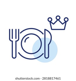 Fork, knife and plate with crown. Premium dining. VIP restaurant services. Pixel perfect, editable stroke vector icon