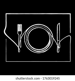 fork, knife, plate. Cutlery - on a napkin. Drawing with one white line on black background. Simple abstract sketch in linear style. Icon for breakfast, lunch, restaurant, menu. vector illustration