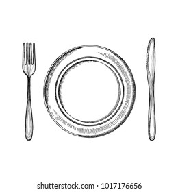 fork knife and a plate of cutlery vector sketch. kitchen accessories. isolated on white background