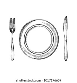 fork knife and a plate of cutlery vector sketch. isolated on white background