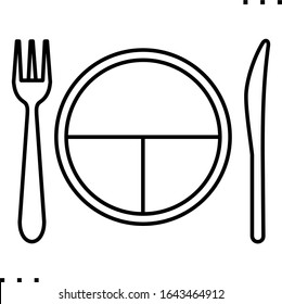 Horquilla, cuchillo y plato divididos en secciones para los alimentos, que deben comerse para la dieta