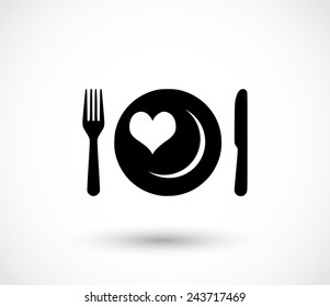 Fork, knife and plate with a heart icon vector