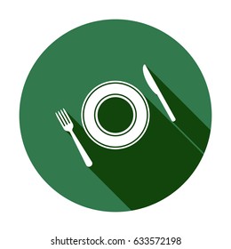 Fork, knife, plate icon, isolated. Flat  design.