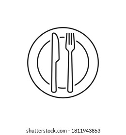 Fork knife and plate icon. Line dinner cutlery vector logo for restaurant symbol isolated on white background. Food cooking and eat simple symbol illustration for design background V1