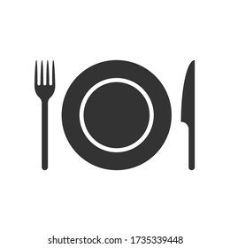 Fork knife and plate icon logo. Simple flat shape restaurant or cafe place sign. Kitchen and diner menu symbol. Vector illustration image. isolated on white background.