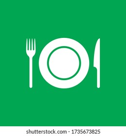 Fork knife and plate icon logo. Simple flat shape restaurant or cafe place sign. Kitchen and diner menu symbol. Vector illustration image. isolated on red background.