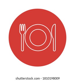 Fork knife and plate icon logo. Simple flat shape restaurant or cafe place sign. Kitchen and diner menu symbol. Vector illustration image.  Isolated on white background.