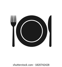 Fork knife and plate icon logo. Simple flat shape restaurant or cafe place sign. Kitchen and diner menu symbol. Vector illustration image. Black silhouette isolated on white background.