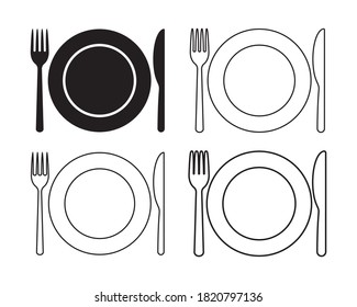Logo del icono del cuchillo de la horquilla y de la placa. Restaurante sencillo de forma plana o cartel de la cafetería. Símbolo de menú de cocina y de cena. Imagen de la ilustración del vector. Silueta negra aislada sobre fondo blanco.