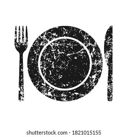 Fork knife and plate icon logo. Grunge texture. Simple flat shape restaurant or cafe place sign. Kitchen and diner menu symbol. Vector illustration image. Black silhouette isolated on white background