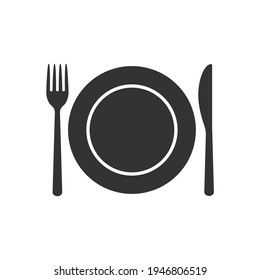 Fork knife and plate icon logo. Simple flat shape restaurant or cafe place sign. Kitchen and diner menu symbol. Vector illustration image. Black silhouette isolated on white background.