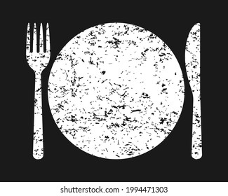 Fork knife and plate icon logo. Grunge texture. Simple flat shape restaurant or cafe place sign. Kitchen and diner menu symbol. Vector illustration image.