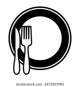 Fork, knife and plate icon model. Editable menu logo of cutlery. Tableware vector illustration with white background